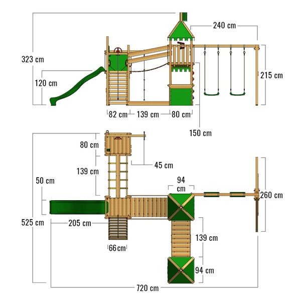 Fatmoose Spielturm Klettergerüst FunnyFortress mit Doppelschaukel, Brücke und Rutsche – apfelgrün