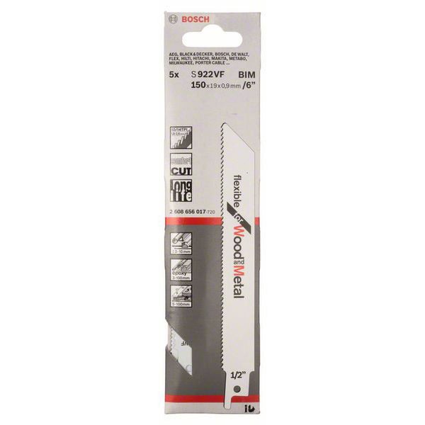 Bosch Säbelsägeblatt Set, fünf Stück, S922VF BIM, 150x19x0,9 Millimeter, flexibel für Holz und Metall