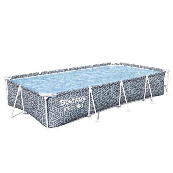Bestway Steel Pro rechteckiger Frame Pool mit grauem Blattmuster und weißem Metallrahmen.
