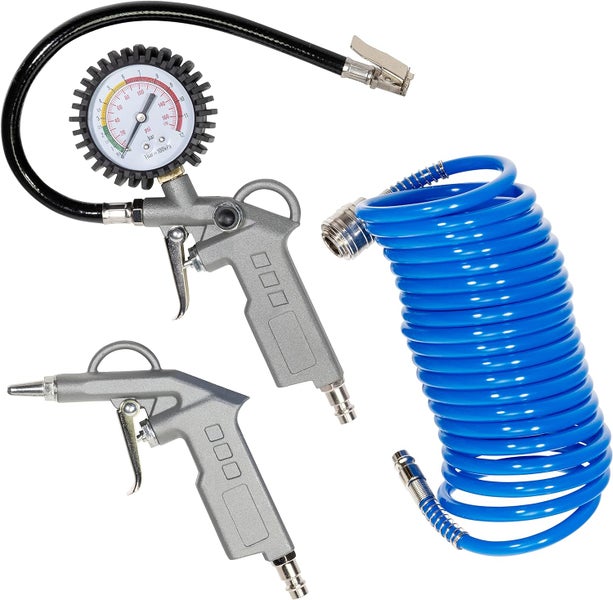 Druckluft-Zubehörset bestehend aus Reifenfüllmesser mit Manometer, Ausblaspistole und blauem Spiralschlauch.