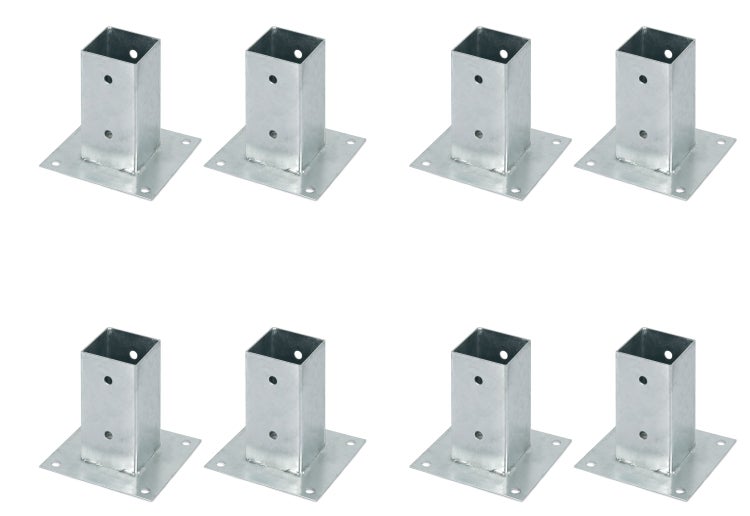 Set aus acht feuerverzinkten Pfostenträgern zum Aufschrauben mit quadratischer Aufnahme für Holzpfosten.