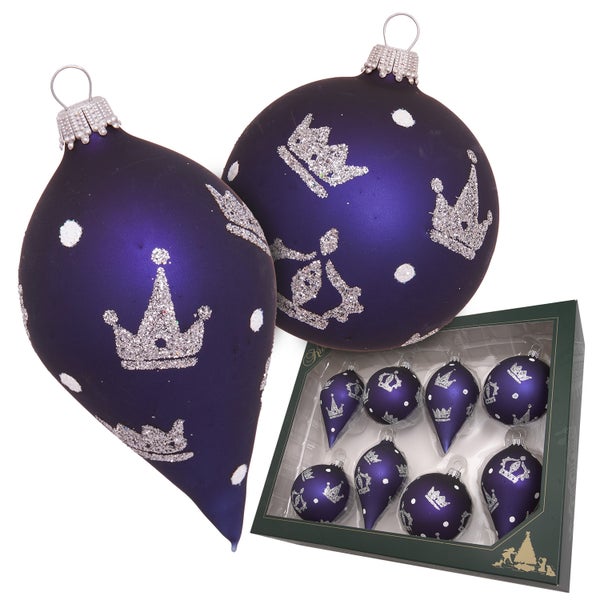 Kugeln & Tropfen Kronen, Cobalt Blau Satin, 7-10cm, 8 Stck., Weihnachtsbaumkugeln, Christbaumschmuck, Weihnachtsbaumanhänger