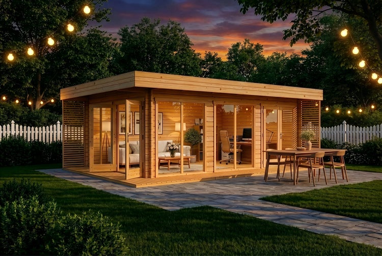 Modernes Gartenhaus aus Holz mit Flachdach und großen Glasfronten, beleuchtet in einem Garten mit Terrasse und Sitzgruppe.