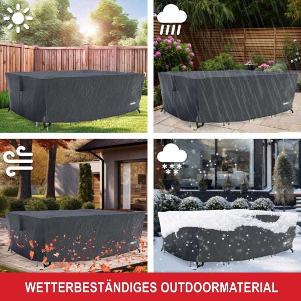 Wetterbeständige Schutzhülle für Gartenmöbel in verschiedenen Wetterszenarien wie Sonne, Regen, Wind und Schnee.