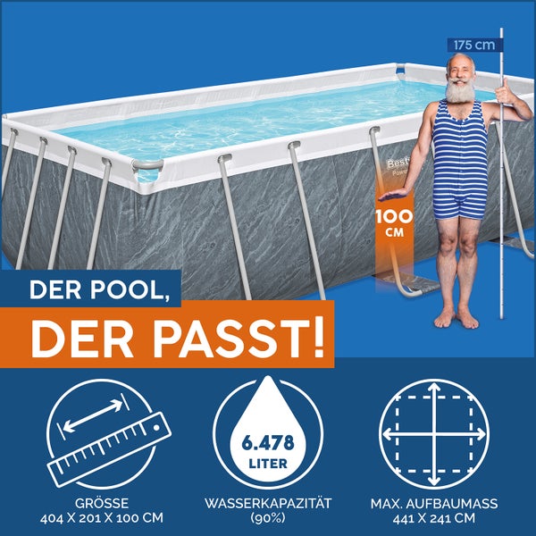Bestway Power Steel Pool Steinoptik, 404 mal 201 mal 100 Zentimeter, Wasserkapazität 6478 Liter, Aufbaumaße 441 mal 241 Zentimeter.