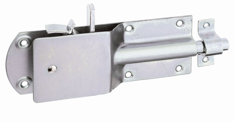 Ein metallischer Torriegel mit Schließmechanismus zur sicheren Befestigung an Toren oder Türen.