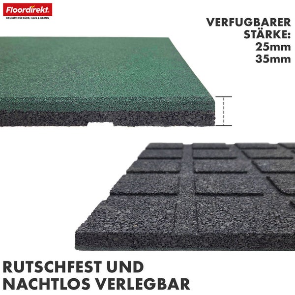 Detailansicht von rutschfesten, geräuschreduzierenden Bodenfliesen mit einer verfügbaren Stärke von 25 mm oder 35 mm.