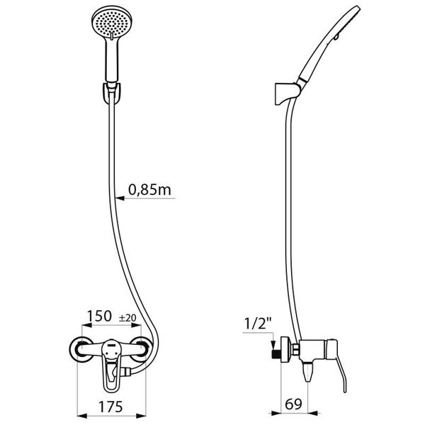 Maßzeichnung einer Duscharmatur mit Handbrause und Brauseschlauch mit technischen Angaben in Millimeter und Zoll.