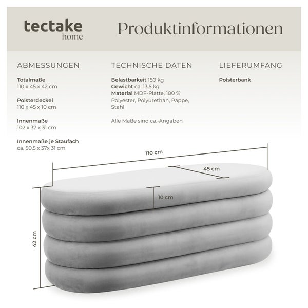Produktinformationen zur tectake home Polsterbank: Maße 110 mal 45 mal 42 Zentimeter, Belastbarkeit 150 Kilogramm, Material MDF und Polyester.