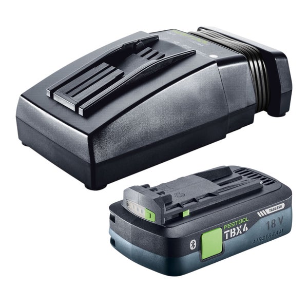 Festool 18 Volt Akku-Set bestehend aus einem Airstream Lithium-Ionen-Akku mit Bluetooth und einem Schnellladegerät.