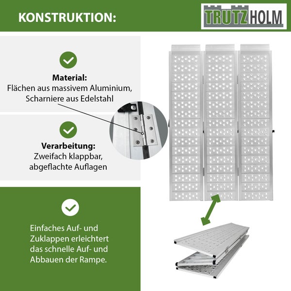 TrutzHolm Logo. Darstellung einer zweifach klappbaren Rampe aus Aluminium mit Edelstahlscharnieren und abgeflachten Auflagen.