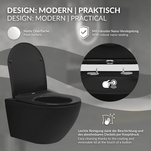 LuxeBath Wand WC Spülrandlos, Schwarz matt, Tiefspüler Keramik Hänge WC lang 53,5 cm, Toilette ohne Spülrand mit Nano Beschichtung, Tornadospülung, Kloschüssel Hängend mit WC-Sitz Absenkautomatik