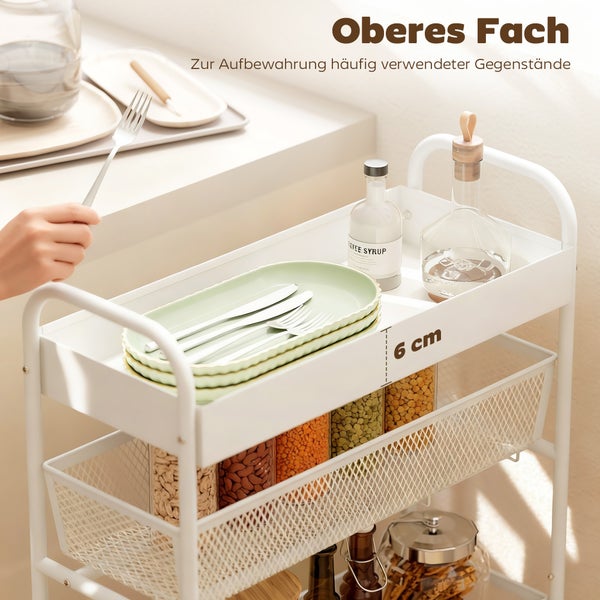 Weißer Küchenwagen mit oberem Fach für Teller und Besteck und einem Gitterkorb für Vorratsgläser, Fachhöhe circa 6 Zentimeter.