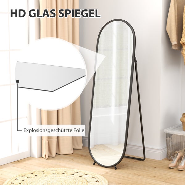 HOMCOM Ganzkörperspiegel, 160 x 40 cm Wandspiegel mit Ständer, Metallrahmen, Oval Standspiegel für Wohnzimmer, Schlafzimmer, Schwarz