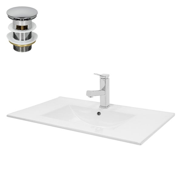 ECD Germany Waschbecken Waschtisch 810x465x175mm Keramik Eckig Weiß + Wasserhahn ausziehbare Brause Standard Chrom + Ablaufgarnitur Pop-Up Ventil Chrom, Aufsatzwaschbecken Aufsatzwaschtisch Waschplatz