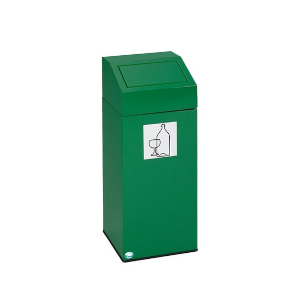 Wertstoffsammler für Glas mit Einwurfklappe, Symbol für Glasrecycling und VAR Logo.