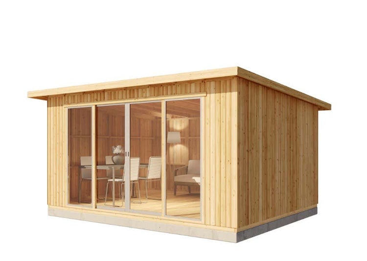 Modernes Gartenhaus aus Naturholz mit großen Glasschiebetüren und Flachdach.