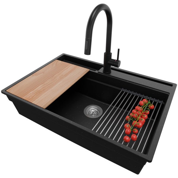 PRIMAGRAN Granitspüle Schwarz Metallic 78x53cm, Spülbecken 1 Becken + Küchenarmatur 40x20cm + Ablauf-Set + Küchenzubehörset, Küchenspüle ab 80er Unterschrank - Oslo Pocket