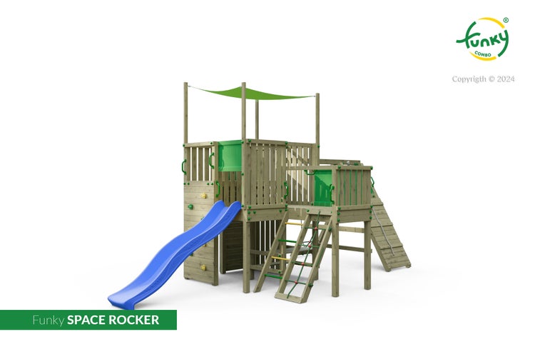 Spielturm Funky SPACE ROCKER aus Holz mit blauer Wellenrutsche, grünem Sonnensegel, Kletterwand und Strickleiter.
