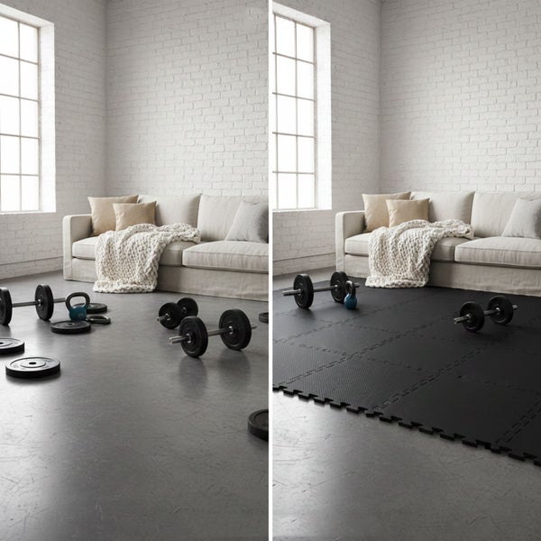 Vorher-Nachher-Ansicht eines Wohnzimmers mit und ohne Fitnessmatte mit Hanteln, Kettlebell und Hantelscheiben