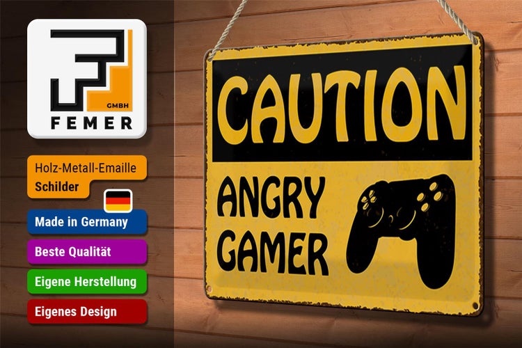 Blechschild Spruch 30x20cm caution angry gamer Vorsicht wütender