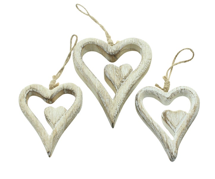 FRANK FLECHTWAREN|Hänger Herz, 3er Set, 8 x 1,5 x 10,5 cm, 10,5 x 2 x 14 cm, HOLZ, JUTE