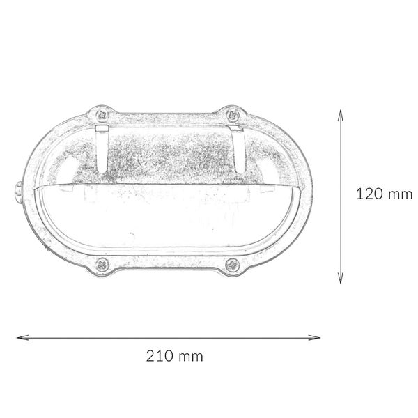 Technische Zeichnung einer ovalen Wandleuchte mit den Maßen 210 mm Länge und 120 mm Höhe.