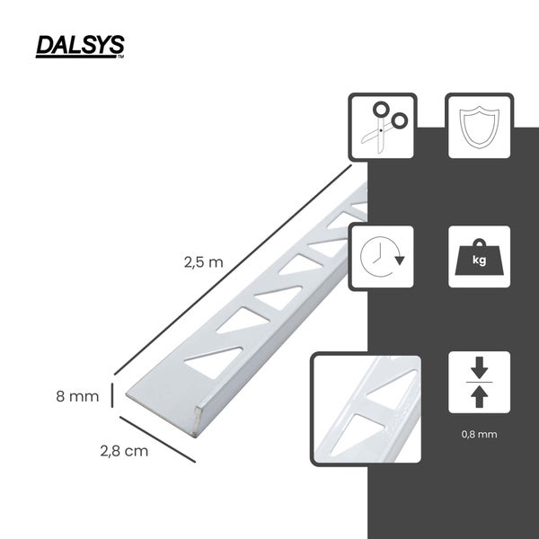 Dalsys Logo. L-Profil für Fliesen, Länge 2,5 Meter, Höhe 8 Millimeter, Stärke 0,8 Millimeter. Symbole für Zuschnitt, Schutz und Belastbarkeit.