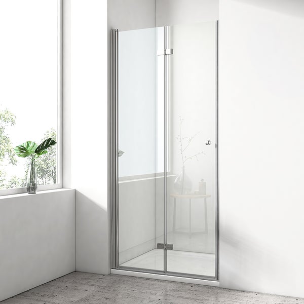 EMKE Duschtür Nischentür Falttür 75x185 cm, 180°faltbare Duschabtrennung, 6 mm ESG Sicherheitsglas, Rundgriff, Duschwand faltbar, Duschkabine Bad, für Nische