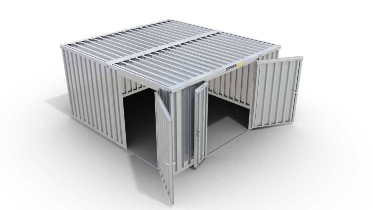 Lagercontainer Gerätehaus M2  – 12 qm, H2115 x B3050 x T4340 mm, verzinkt, ohne Fußboden, 1830 mm Doppelflügeltür mittig in Stirnseite und 1270 mm Einflügeltür mittig in Modul C, zerlegt