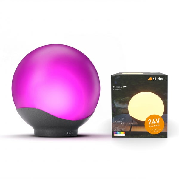 Steinel Sphera C 24 Volt Connect LED-Kugelleuchte mit 300 Millimeter Durchmesser, Steinel Logo und Verpackung.