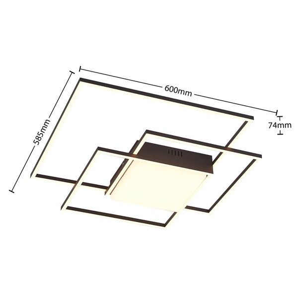 Moderne LED-Deckenleuchte mit überlappenden quadratischen Rahmen, Maße: 600 Millimeter mal 585 Millimeter, Höhe 74 Millimeter.