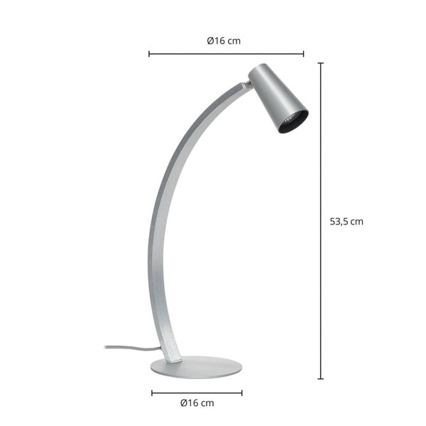 Schreibtischleuchte aus Metall in Silber mit gebogenem Arm, Höhe 53,5 Zentimeter, Durchmesser 16 Zentimeter.