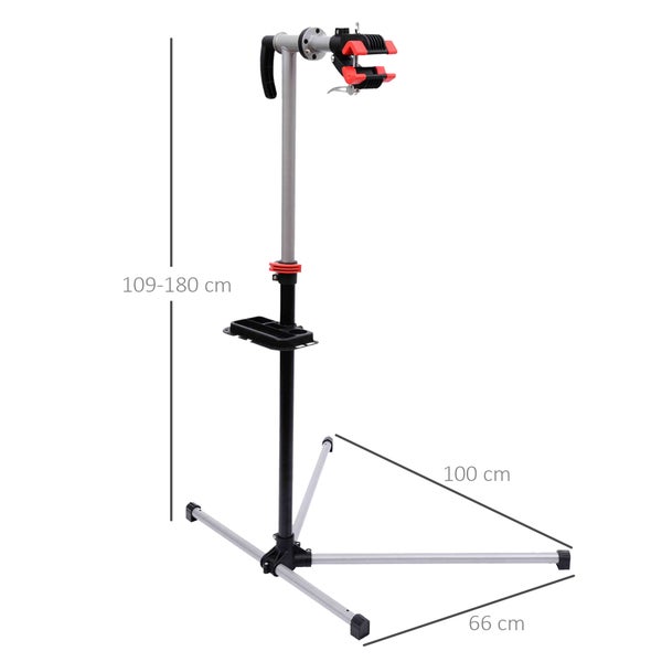 HOMCOM Fahrradmontageständer, Reparaturständer mit Werkzeugablage, L100 x B66 x H109 -180 cm, Stahlrohr, PP + Q195 Stahl, Schwarz