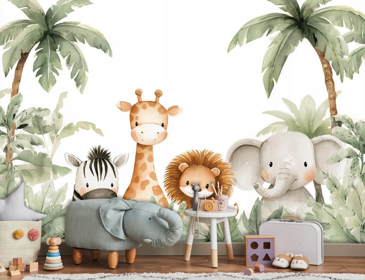 Kinderzimmer mit Tiermotiven Tapete, Hocker in Elefantenform und Spielzeug