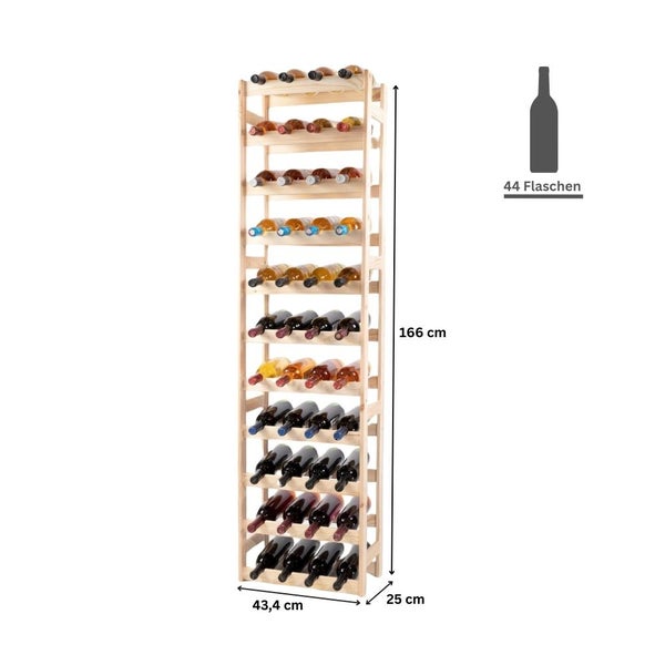 PROREGAL Weinregal Pinotwine HxBxT 166 x 43,4 x 25 cm 44 Flaschen Massives Kiefernholz Natur Unbehandelt