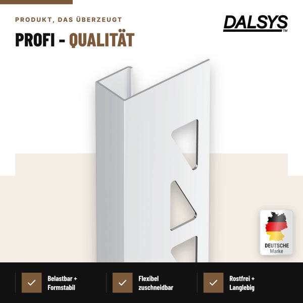 Dalsys Fliesenabschlussprofil für Fliesen in U-Form, aus robustem, rostfreiem Material für Kanten an Fliesenbelägen.