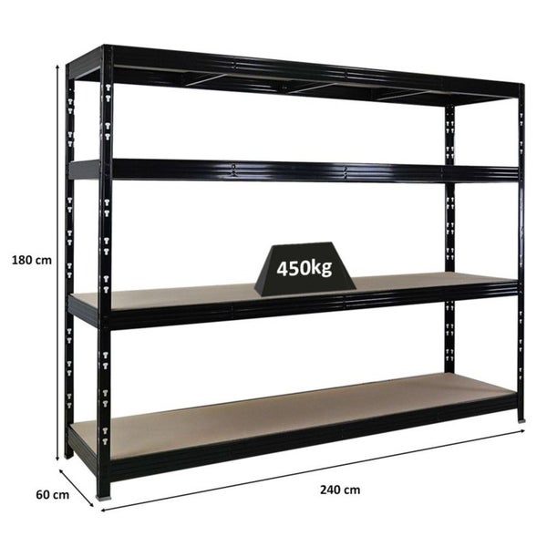 PROREGAL Profi Schwerlastregal Rhino, HxBxT 180x240x60cm, 4 Spanplatten-Ebenen 8mm, Fachlast 450kg, Schwarz