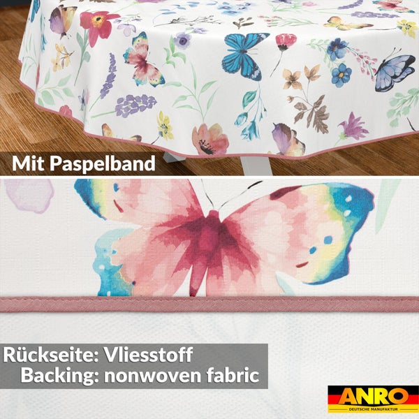 Runde Tischdecke mit Schmetterlings- und Blumenmuster, Paspelband und Vliesstoff-Rückseite. ANRO Logo.