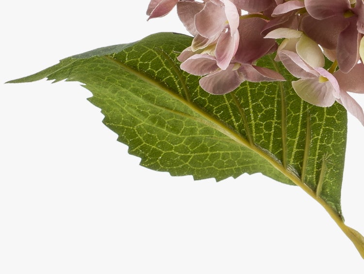 Nahaufnahme einer künstlichen Hortensie mit einem großen Blatt und synthetischen Blütenblättern.