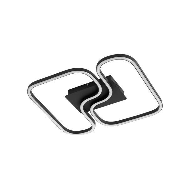 Moderne LED-Deckenleuchte aus schwarzem Metall mit zwei ineinander verschlungenen Rahmen.