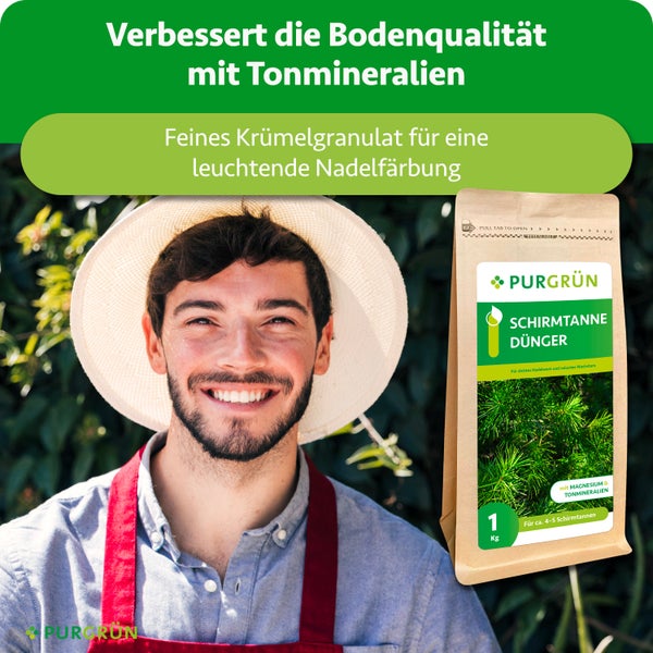 Purgrün Schirmtanne Dünger 1 Kilogramm mit Tonmineralien für verbesserte Bodenqualität und leuchtende Nadelfärbung neben einem lächelnden Gärtner.