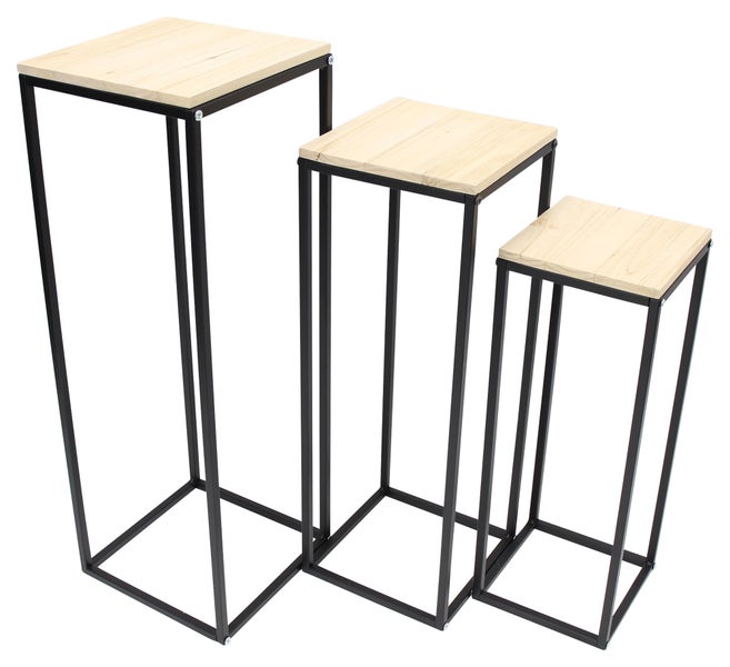 FRANK FLECHTWAREN | Beistelltisch Modern, 3er Set, METALL, HOLZ, 19 x 19 x 50 cm, 22 x 22 x 60 cm, 25 x 25 x 70 cm