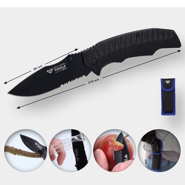 Klappmesser mit einer Klingenlänge von 90 Millimeter und einer Gesamtlänge von 210 Millimeter sowie einer Messertasche.