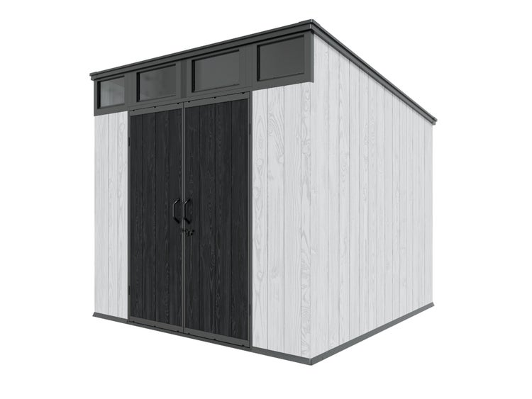 Gerätehaus aus Kunststoff in Holzoptik mit Pultdach, Doppeltür und Oberlichtern.