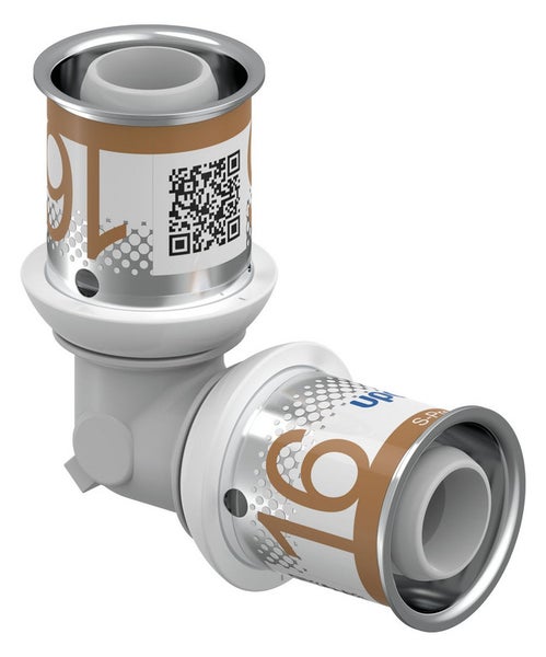 Winkel-Pressfitting 90 Grad aus Kunststoff und Metall mit QR-Code und Größenangabe 16 für Rohrleitungen.