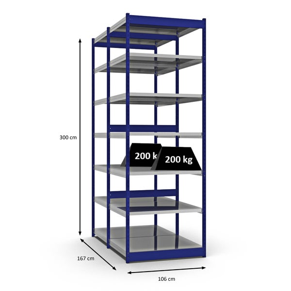 PROREGAL Fachbodenregal Stecksystem Vierkant-Profil Grundregal HxBxT 300 x 102,5 x 80 cm 2x7 Ebenen Doppelseitige Bauart Fachlast 200 kg Enzianblau