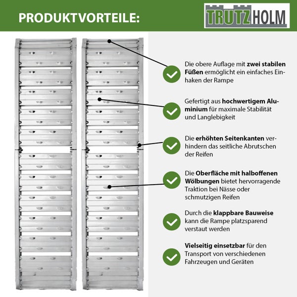 Trutzholm Logo. Produktvorteile der klappbaren Auffahrrampe aus Aluminium: stabile Füße, erhöhte Seitenkanten, rutschfeste Oberfläche.