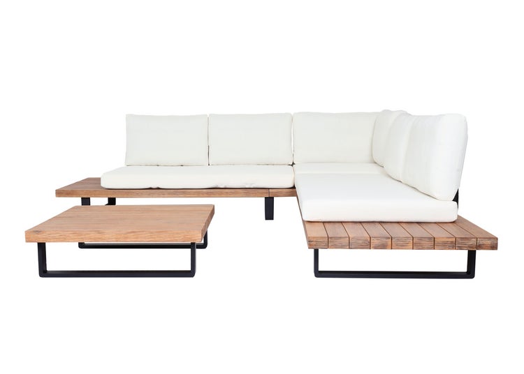 Modernes Garten-Lounge-Set bestehend aus einem Ecksofa mit hellen Polstern und einem Couchtisch aus Holz mit schwarzem Metallgestell.