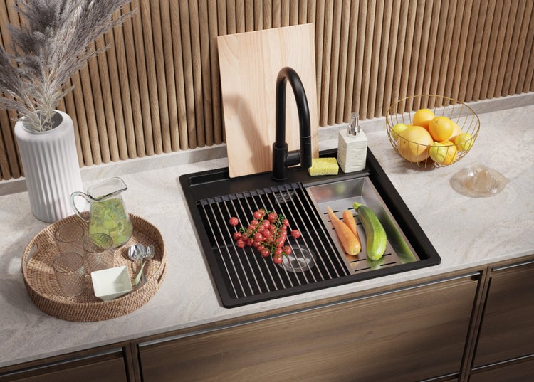 PRIMAGRAN Eckspüle Schwarz 56x53cm, Granitspüle 1 Becken + Ablauf-Set + Schneidebrett, Küchenspüle ab 60er Unterschrank - Bergen